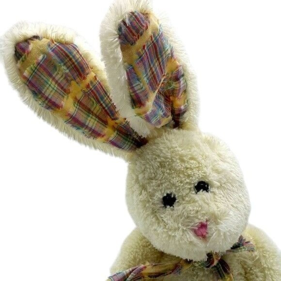 Easter Bunny Rabbit Plush Cream 17" Plaid Bow Sitting Tilted Head Long Ears - Picture 4 of 9